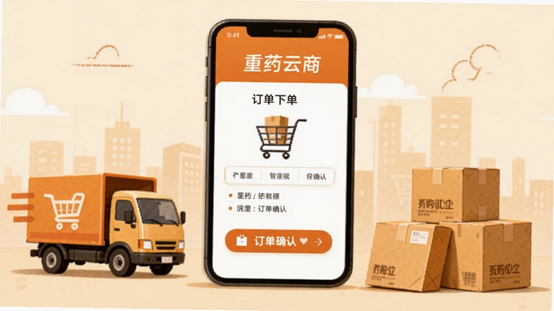 重药云商在线下单页面展示,手机屏幕呈现购物车与订单确认界面,旁边有配送车辆与包裹元素,暖色调商务插画风格,体现采购流程顺畅