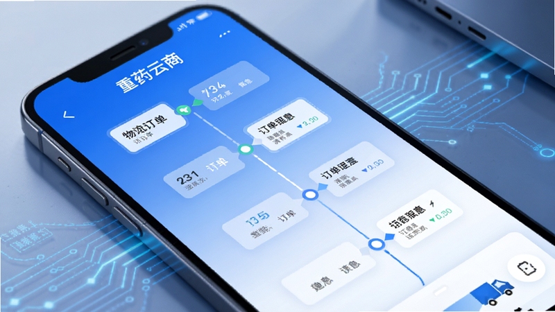 重药云商订单跟踪时间轴界面,手机屏幕显示多个订单状态节点与物流信息,背景为简洁的蓝白渐变,科技感线条装饰