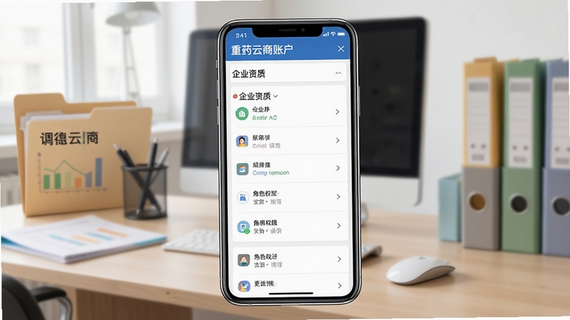 重药云商账户管理界面,手机屏幕展示企业资质列表与角色权限设置,背景为办公桌面与文件夹元素,清爽扁平化设计