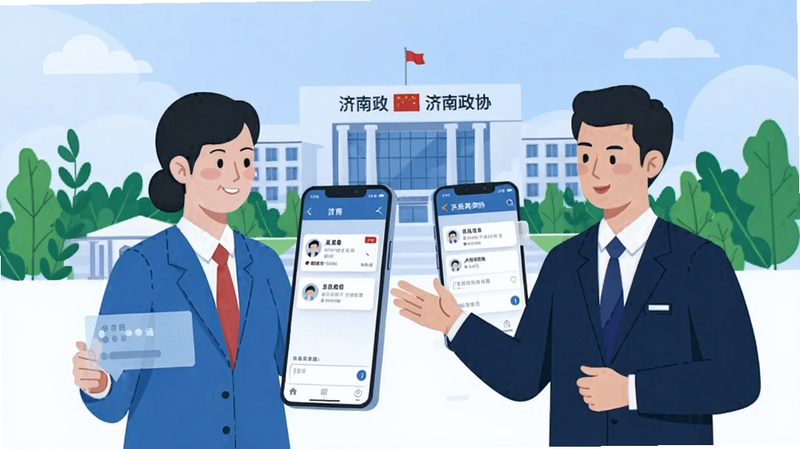 济南政协委员履职互动场景插画,画面主体为两位人物在移动端界面中进行议题讨论与意见反馈,手机屏幕显示委员信息卡片与留言输入框,背景为济南政协大厦建筑轮廓与绿植点缀,风格扁平化商务插画,色彩以蓝白为主,突出沟通协作氛围