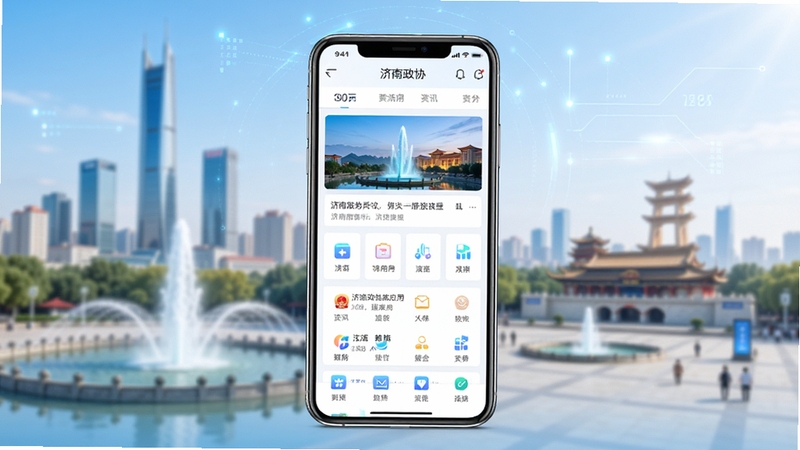 济南政协移动应用整体界面展示,画面主体为一部智能手机居中放置,屏幕显示济南政协客户端首页资讯列表与功能图标,背景为济南城市天际线与泉城广场地标虚化处理,整体色调清新明亮,科技感与政务感融合,构图简洁大气,适合应用商店展示图风格