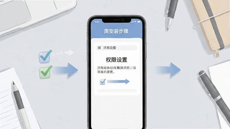 济南政协移动端操作指引示意图,画面主体为手机屏幕展示安装步骤与权限设置界面,旁边配有勾选与箭头引导图标,背景为浅灰色工作台面与文具点缀,风格简洁教程插画,色调柔和清晰,突出步骤引导感