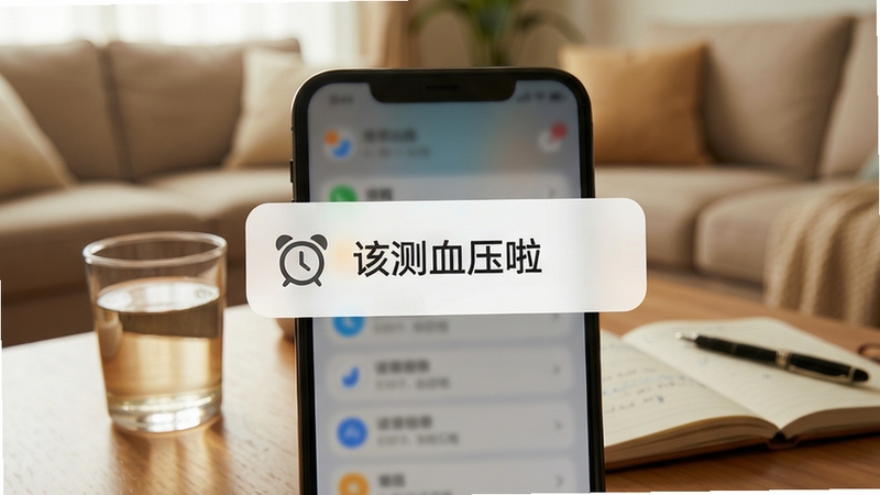 超小伴定时提醒功能界面特写,画面主体为手机屏幕弹出测量提醒通知卡片,卡片上有闹钟图标与“该测血压啦”字样,背景为温馨的居家客厅虚化场景,桌面放置一杯温水与一本记录本,光线柔和自然,突出提醒功能的亲切感