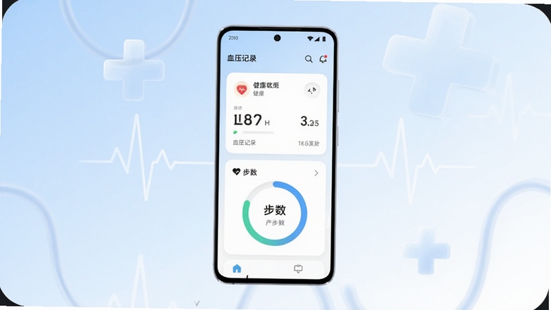 整体概括超小伴软件的核心全貌,画面主体为一部竖屏安卓手机居中放置,屏幕显示简洁的健康数据仪表盘界面,包含血压记录卡片与步数圆环,背景为浅蓝到白色的柔和渐变,四周点缀半透明的医疗十字与心跳线条装饰元素,整体风格清爽现代,适配Boogu模型生成