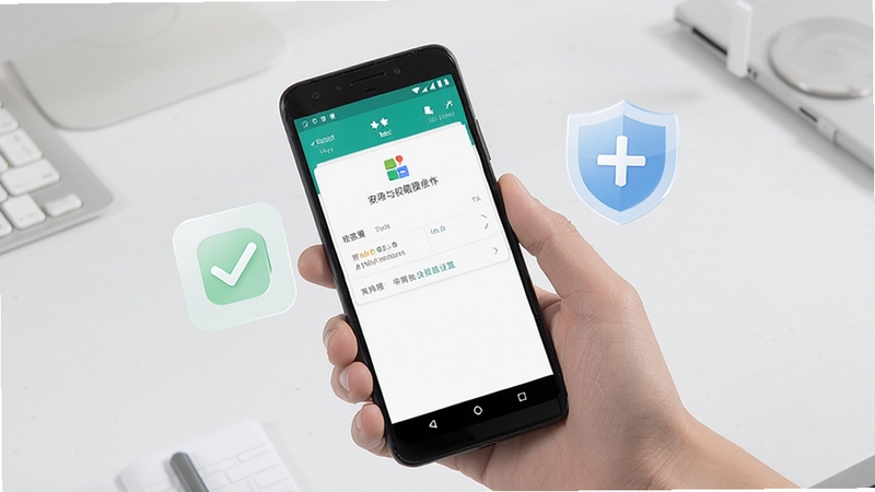 超小伴移动端安装与权限设置操作示意图,画面主体为一只手握持安卓手机,屏幕显示应用权限设置页面,旁边悬浮半透明的勾选图标与盾牌安全标识,背景为简洁的浅灰色桌面环境,整体色调干净利落,突出安装引导的清晰感