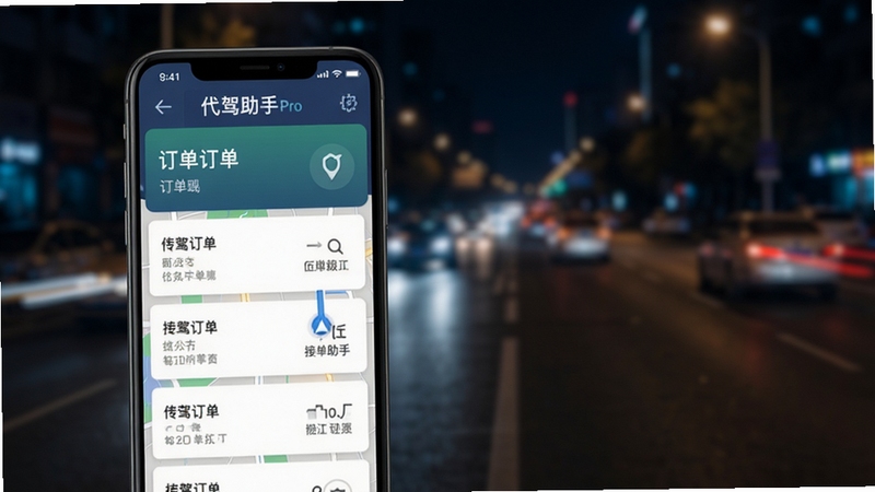 代驾助手Pro软件主界面展示,手机屏幕中呈现订单列表与地图导航区域,画面主体位于中央偏左,背景为夜间城市道路虚化效果,整体色调沉稳专业,突出代驾接单场景