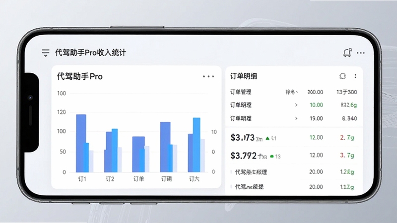 代驾助手Pro收入统计页面,手机屏幕呈现柱状图与订单明细列表,画面主体位于屏幕中央,背景为柔和的浅灰渐变,整体风格商务简洁,突出数据管理功能