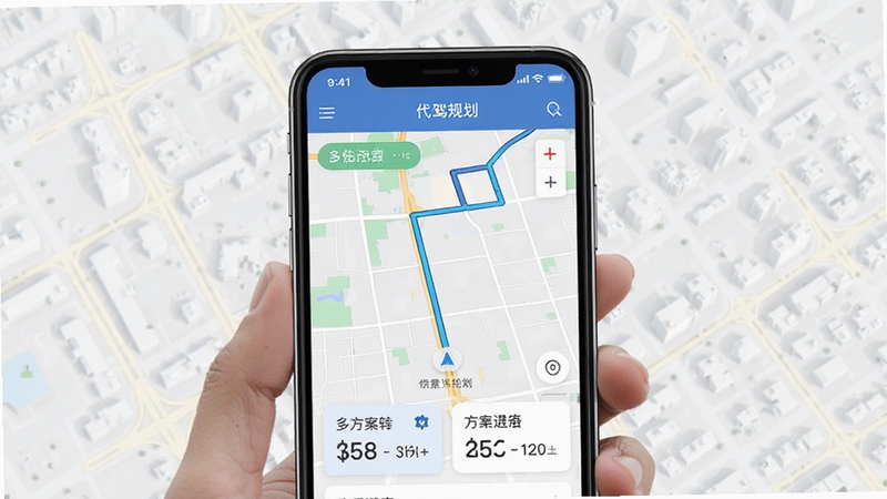 代驾助手Pro路线规划界面,手机屏幕展示地图导航路径与多方案对比卡片,画面主体为地图区域,背景为浅色城市街区俯瞰图,风格清爽直观,突出路线选择场景