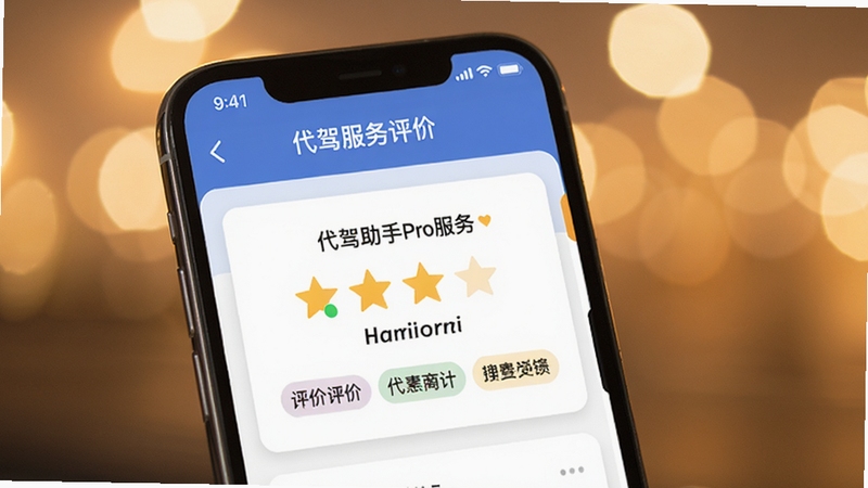 代驾助手Pro服务评价界面,手机屏幕显示星级评分与评价标签,画面主体为评价卡片区域,背景为柔和暖色调虚化光斑,整体风格亲和友好,突出服务反馈场景