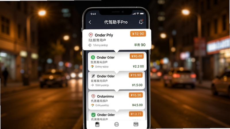 代驾助手Pro订单提醒功能界面,手机屏幕显示多条订单卡片浮层,卡片上有距离与费用标签,画面采用暖色夜间灯光氛围,背景为模糊的城市街道,整体风格简洁现代