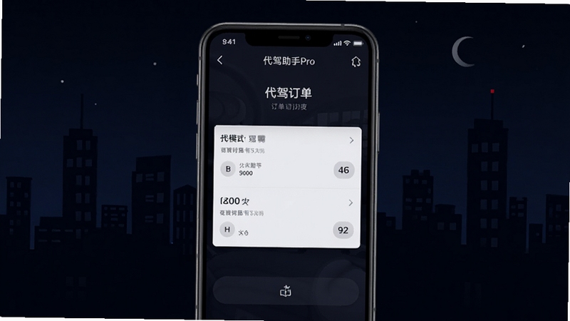 代驾助手Pro夜间模式界面,手机屏幕呈现深色主题的订单页面,画面主体为手机屏幕区域,背景为深蓝黑色夜间城市剪影,整体风格沉稳低亮度,突出夜间使用场景