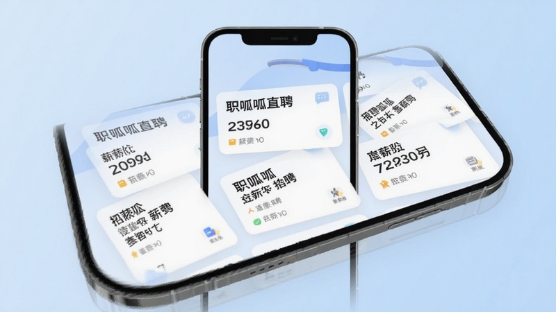 职呱呱直聘智能推荐岗位界面展示,手机屏幕中排列着多个招聘卡片,每个卡片显示职位名称与薪资,背景为简洁的浅蓝色渐变,画面风格清爽现代