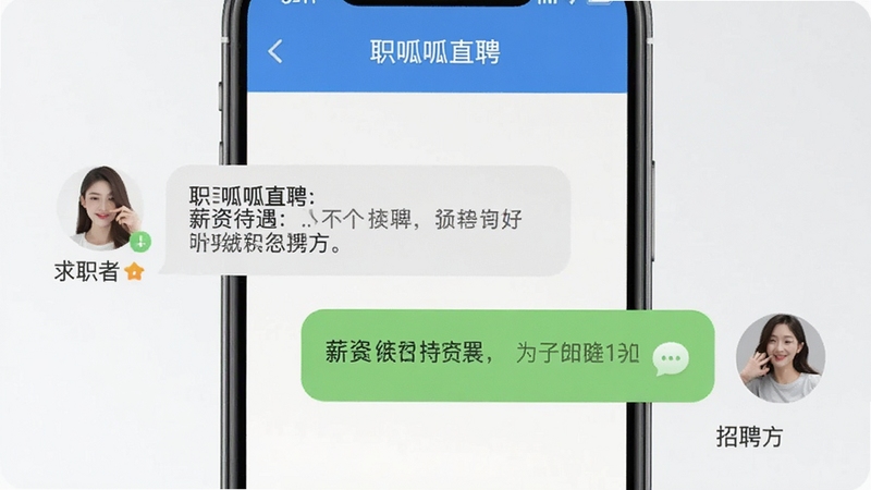 职呱呱直聘在线直聊功能展示,手机界面中左右两侧对话气泡交替排列,显示求职者与招聘方正在沟通薪资待遇,画面明亮干净,突出即时通讯的便捷感