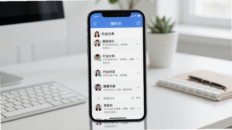 对圈职场实名圈子界面展示,手机屏幕中呈现行业分类列表与圈子动态流,背景为简洁办公桌面,柔和自然光,扁平化UI风格,细节清晰,适合应用商店预览图
