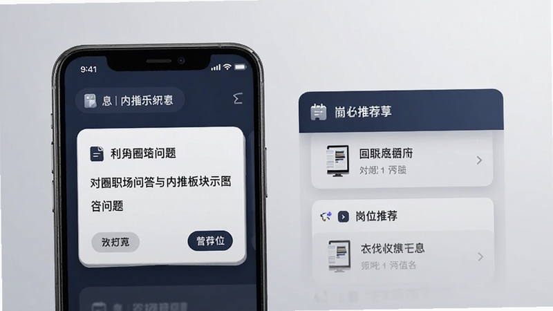 对圈职场问答与内推板块示意图,手机界面显示问题卡片与岗位推荐列表,配色沉稳专业,背景为浅灰渐变,突出信息层级,写实风格