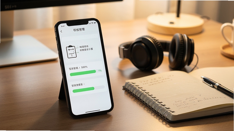 对圈职场安装与权限设置示意图,手机屏幕展示权限管理页面与安装进度条,旁边放置耳机与笔记本,场景为居家办公桌面,光线柔和,写实摄影风格