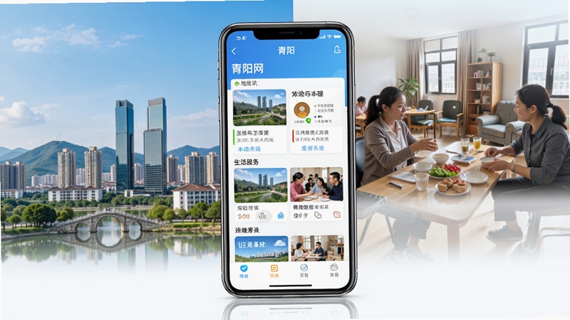 青阳网应用整体界面展示,手机屏幕居中显示本地资讯与生活服务板块,背景为青阳城市风貌与社区生活场景,简洁明亮风格