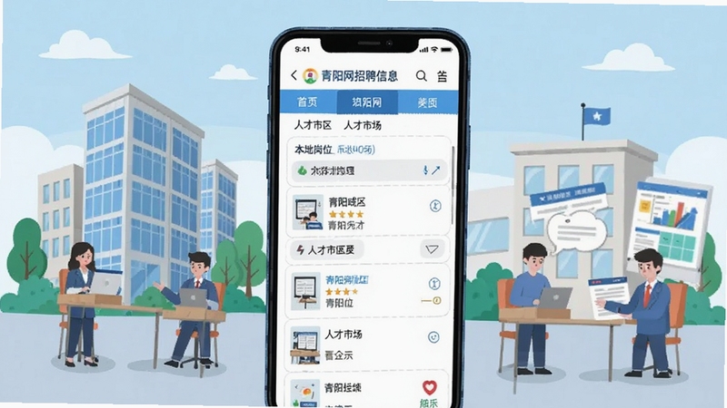 青阳网招聘信息页面展示,手机界面列出本地岗位列表与人才市场专区,背景为青阳城区办公楼与求职场景,清新扁平化插画风格