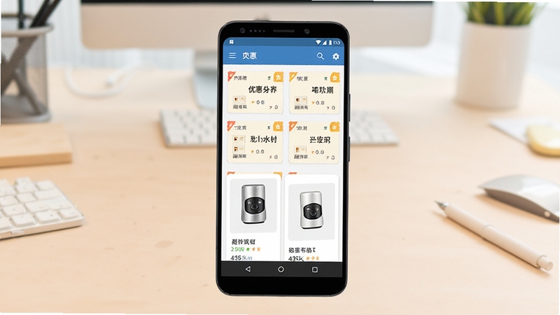 内部券应用界面全貌展示,画面主体为一部居中放置的安卓智能手机,屏幕内呈现优惠券列表与商品卡片布局,背景区域为浅色渐变的工作台场景,光线柔和均匀,整体风格简洁明快,突出工具类软件的实用氛围
