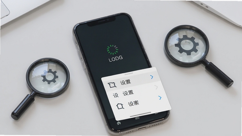 内部券使用问题排查场景图,画面展示一部手机屏幕出现加载提示与设置选项菜单,旁边放置放大镜与齿轮图标元素,背景为浅灰色桌面环境,整体传达问题排查与设置调整的视觉主题