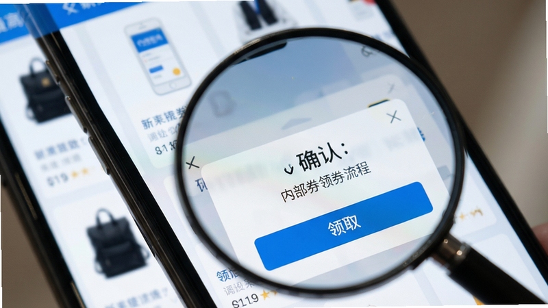 内部券领券流程操作界面特写,画面主体为手机屏幕局部放大展示领取按钮与确认弹窗,背景区域为虚化的商品列表,色调以蓝白为主,突出简洁高效的操作体验,细节清晰