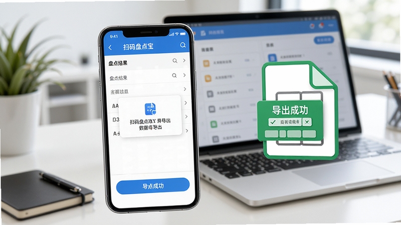 扫码盘点宝数据导出界面展示,手机屏幕显示盘点结果列表与导出成功提示,旁边配有表格文件图标,背景为办公桌面与笔记本电脑,整体氛围专业清爽,体现数据管理功能