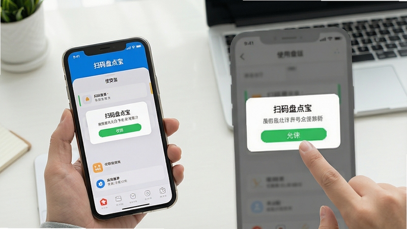 扫码盘点宝使用教程场景图,画面展示手机安装界面与权限允许弹窗,旁边有手指点击屏幕的动作,背景为简洁的桌面环境,整体风格清晰易懂,突出新手安装引导
