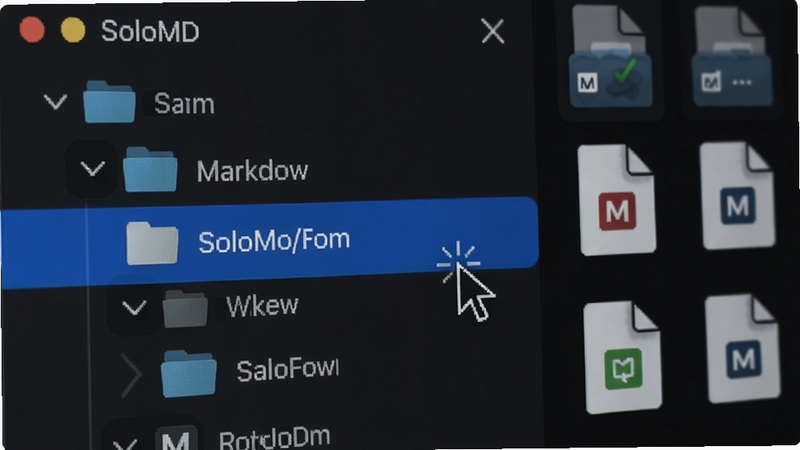 画面展示SoloMD文件树侧边栏特写,多个文件夹与Markdown文件图标整齐排列,其中一篇文档被高亮选中,旁边浮现光标定位标记,背景为深色护眼模式界面,整体风格沉稳专业,体现文档管理与位置记忆功能
