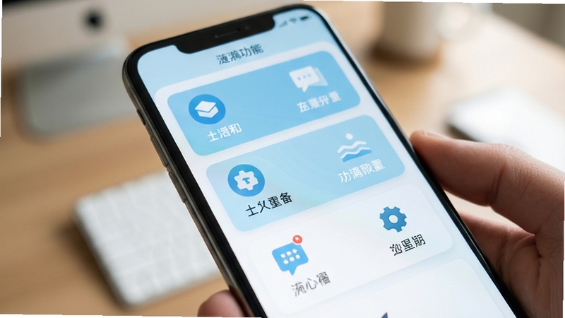 涟漪功能界面特写,手机屏幕中展示清晰的卡片式功能列表,图标与文字排列有序,画面以浅蓝与白色为主色调,背景为虚化的桌面环境,光线柔和,突出简洁直观的交互设计