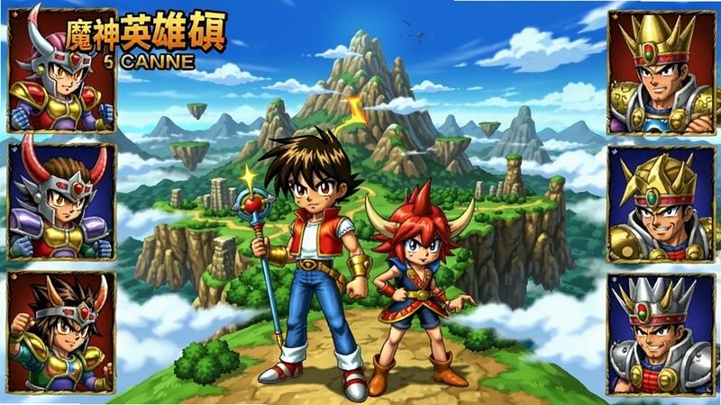 魔神英雄传游戏主界面展示创界山全景地图与经典魔神角色立绘,日系卡通渲染风格,色彩明亮鲜艳,画面中央为救世主小渡与战神丸并肩站立,背景为层叠的山界与漂浮的云朵,细节丰富,构图饱满