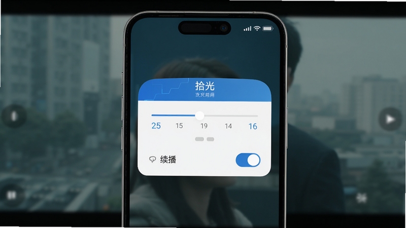 拾光应用播放进度与倍速设置面板,画面主体为手机屏幕弹出的小窗设置菜单,显示倍速档位与续播开关,背景为模糊的影片画面,界面简洁,拾光蓝色主色调,科技感,细节清晰