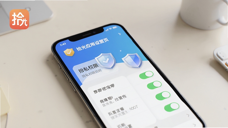 拾光应用设置页隐私权限说明界面,画面主体为手机屏幕上的权限开关列表与盾牌图标,背景为浅色极简桌面,突出拾光应用标识,干净清爽风格,细节写实