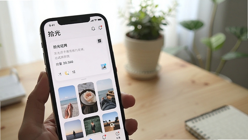 整体画面采用柔和的清晨自然光,主体位于画面左侧三分之二区域,展示一部竖屏手机屏幕内呈现拾光应用主界面,界面为浅色卡片式布局,包含文字记录卡片与缩略图网格,背景为虚化的木质桌面与绿植,整体风格清新写实,突出轻量记录工具的简洁感
