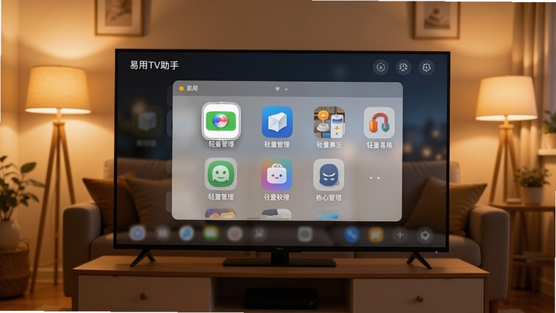 易用TV助手软件主界面全貌展示,画面中央为电视屏幕悬浮的简洁应用管理面板,背景为温馨客厅环境,暖色调灯光,界面图标清晰排列,突出轻量易用的产品气质