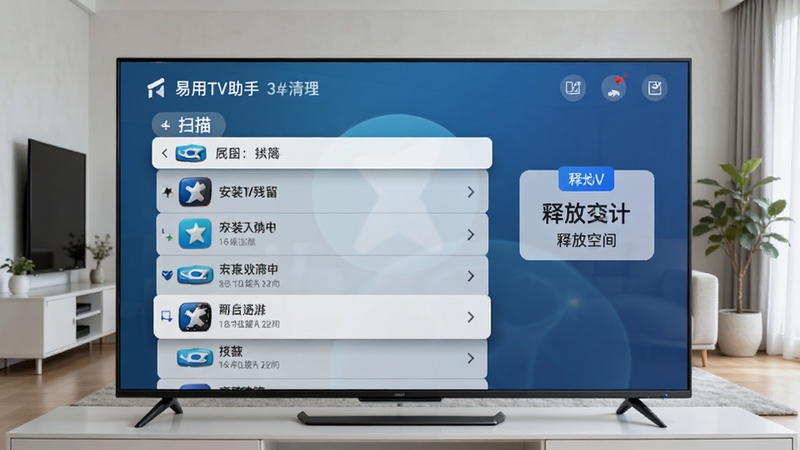 易用TV助手存储清理功能界面,电视屏幕显示扫描出的安装包残留列表与释放空间提示,背景为简洁的家居环境,画面风格清爽干净