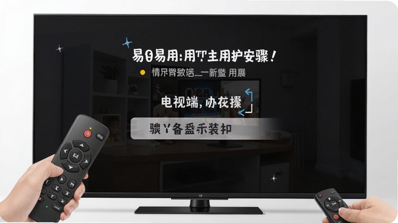 易用TV助手在电视端安装操作步骤示意图,画面展示遥控器操作与电视屏幕引导提示,风格简洁直观,适合新手用户参照学习