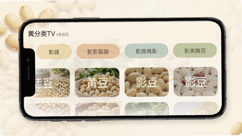 黄豆TV分类浏览页面,手机界面显示多个影音分类标签,柔和配色,布局整齐,突出分类导航区域
