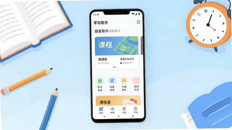 画面中央为一部竖屏安卓手机,屏幕显示简洁的学习助手应用主界面,包含课程卡片和功能入口图标,背景为浅蓝色渐变桌面环境,四周点缀书本、铅笔、时钟等学习元素,整体风格清爽明亮,扁平化插画质感,突出超星助手核心全貌