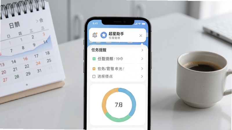 手机界面展示任务提醒列表与进度环形图,顶部有通知横幅弹出,背景为柔和浅灰色办公桌面,旁边放置日历和咖啡杯,整体氛围安静有序,体现超星助手任务管理场景