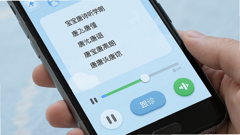 宝宝唐诗听学软件播放界面特写,手机屏幕显示唐诗朗读页面,有播放进度条和跟读按钮,背景是柔和的浅蓝色,画面干净简洁,突出儿童教育应用的易用性