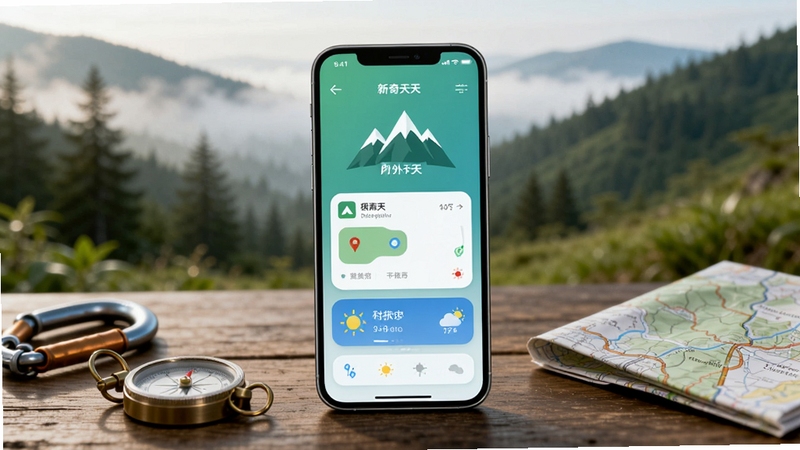 ��������Ϊһ�������ֻ���Ļ����Ļ����ʾ�����컧�������������棬�����а���ɽ������ͼ�ꡢ·�߿�Ƭ������С�������ֻ�������һ��ľ�������ϣ��Ա�ɢ���ŵ�ɽ�ۡ�ָ������۵���ͼ����������Ϊ�黯����ɫɽ�����峿����������ɫ��������Ȼ��������ͣ�ͻ������̽����Χ���ʺ���Ϊ����ȫòչʾͼ