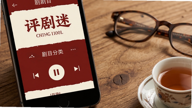 评剧迷应用界面特写,展示大字体播放控制面板与剧目分类列表,界面配色以深红与米白为主,旁边放置老花镜与茶杯,突出适老化设计细节