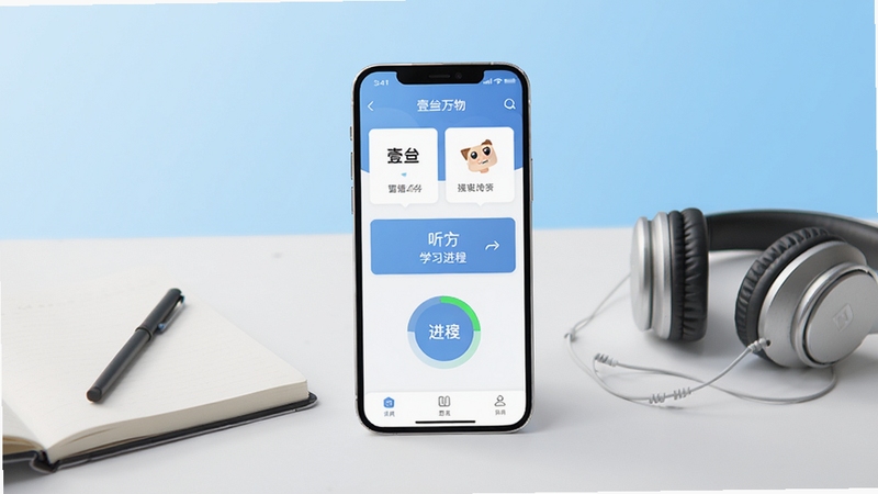 壹叁万物英语软件主界面全貌展示,画面中央为手机屏幕中的英语学习应用首页,包含词汇卡片、听力入口与学习进度环,背景为浅蓝色渐变的学习场景,桌面摆放笔记本与耳机,整体风格清爽简约,适配Boogu模型生成