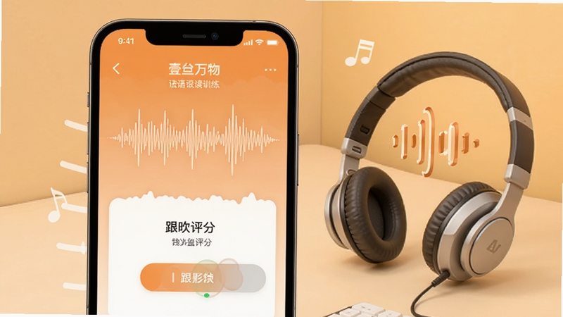 壹叁万物英语听力跟读训练界面,画面展示手机屏幕中的音频波形与跟读评分模块,旁边配有耳机与声波图形,背景为柔和的橙黄色调,突出听力练习氛围,适配Boogu模型生成