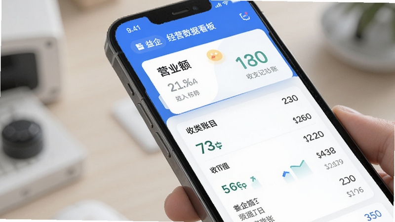 益企通经营数据看板与收支记账功能展示图,手机屏幕显示营业额卡片和分类账目列表