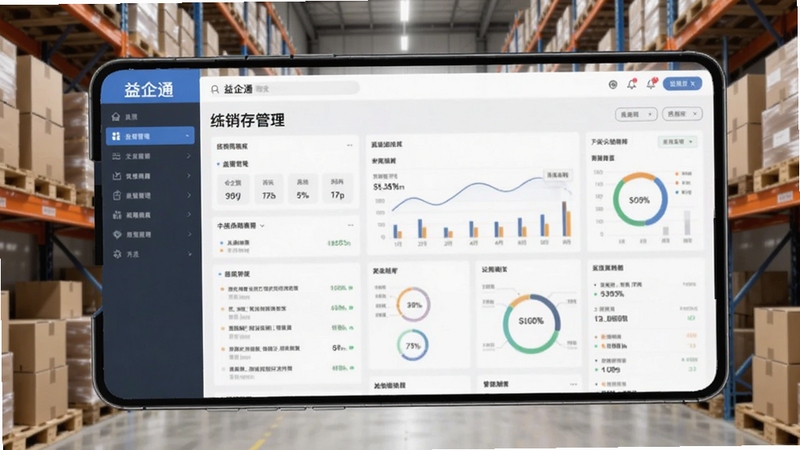 益企通软件进销存管理界面手机截图,仓库货架与数据看板结合的场景图