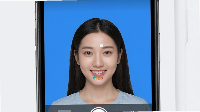 七彩证件照智能抠图换底功能展示,手机屏幕中显示人物照片背景被干净替换为蓝色,界面简洁明亮,现代风格