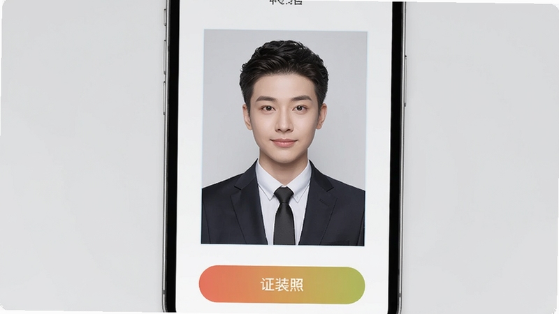 七彩证件照换装美颜界面展示,手机屏幕呈现人物换上正装后的证件照效果,背景为浅灰色,界面操作按钮清晰