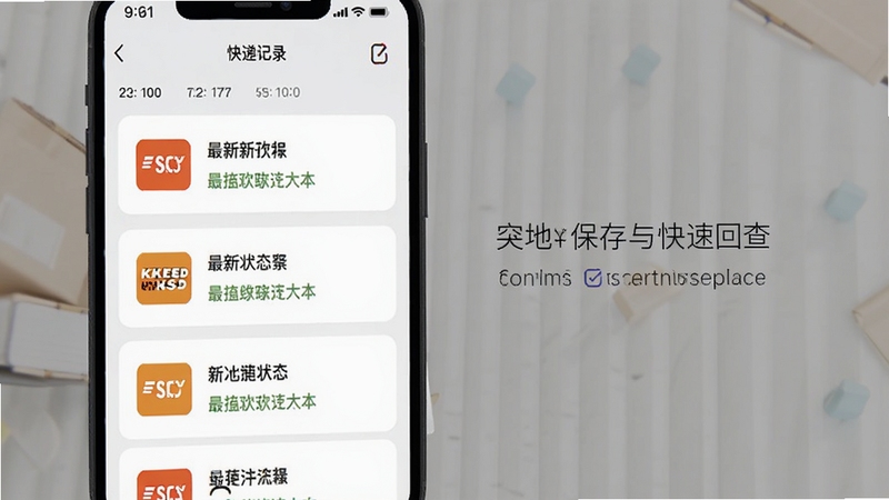 在线快递查询应用内的历史记录页面示意图,手机屏幕显示按时间排列的快递单号卡片列表,每张卡片带有快递公司标志与最新状态摘要,背景为淡灰色极简风格,突出本地保存与快速回查的便利性