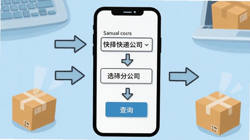 在线快递查询操作流程图解风格,手机屏幕显示输入单号、选择快递公司、点击查询三个步骤的示意画面,背景为淡蓝色工作台环境,配有箭头引导与快递包裹插画,整体直观易懂